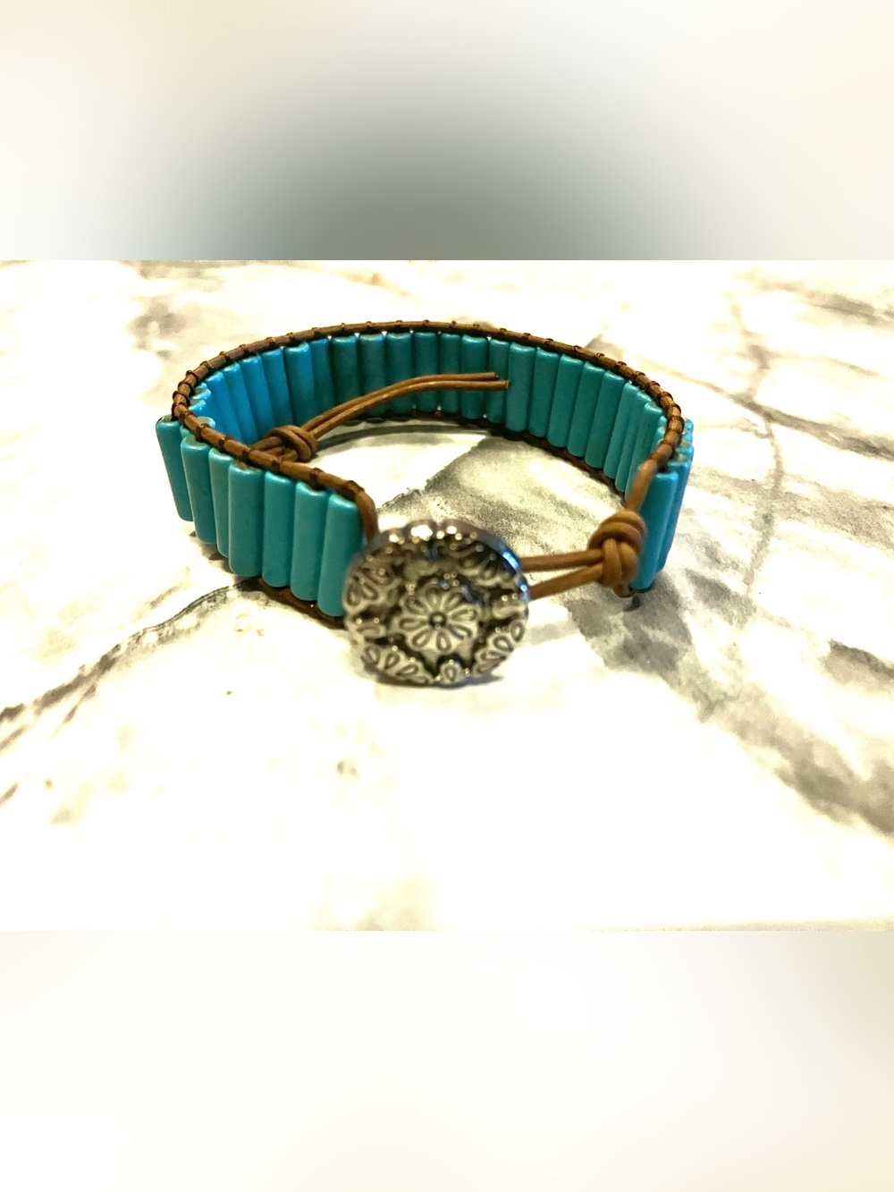 Turquoise Beaded Leather Wrap Bracelet with Floral Button